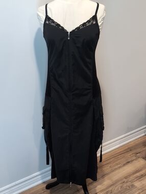 Tuzzi Black Lace-Trim Spaghetti Strap Cargo Dress Size 8 Military Style
